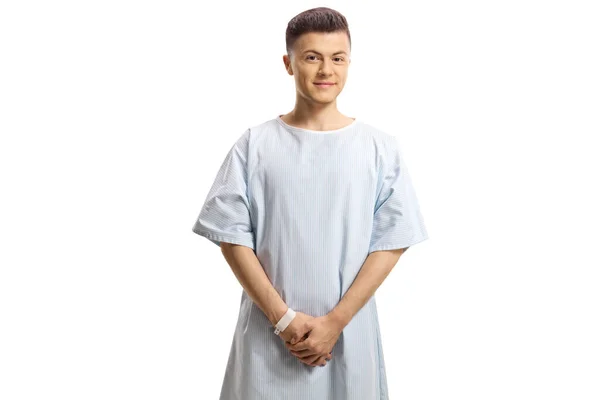 Hastane Önlüklü Genç Erkek Hasta Beyaz Arka Planda Izole Edilmiş — Stok fotoğraf