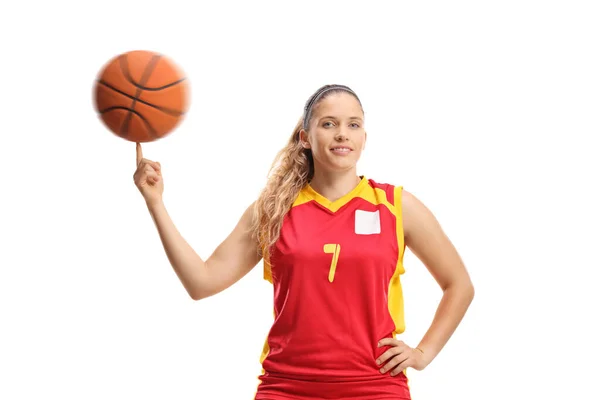 Vrouw Basketballer Spinnen Een Bal Met Een Vinger Geïsoleerd Witte — Stockfoto