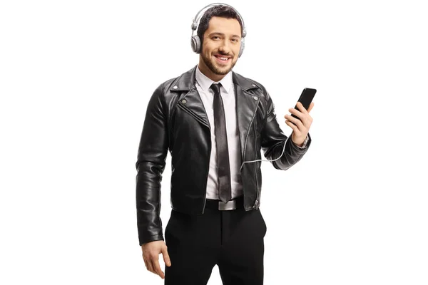Handsome Man Leather Jacket Listening Music Headphones Isolated White Background — Stock Photo, Image