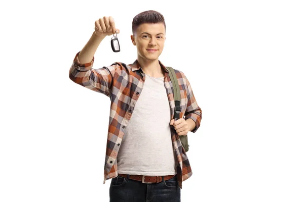 Male Student Holding Car Key Isolated White Background — Stock Photo, Image
