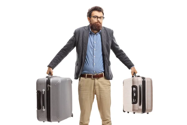 Confused Bearded Man Holding Suitcases Isolated White Background — Stock Photo, Image