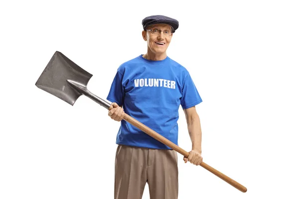 Anciano Voluntario Una Camiseta Azul Sosteniendo Una Pala Mirando Cámara —  Fotos de Stock