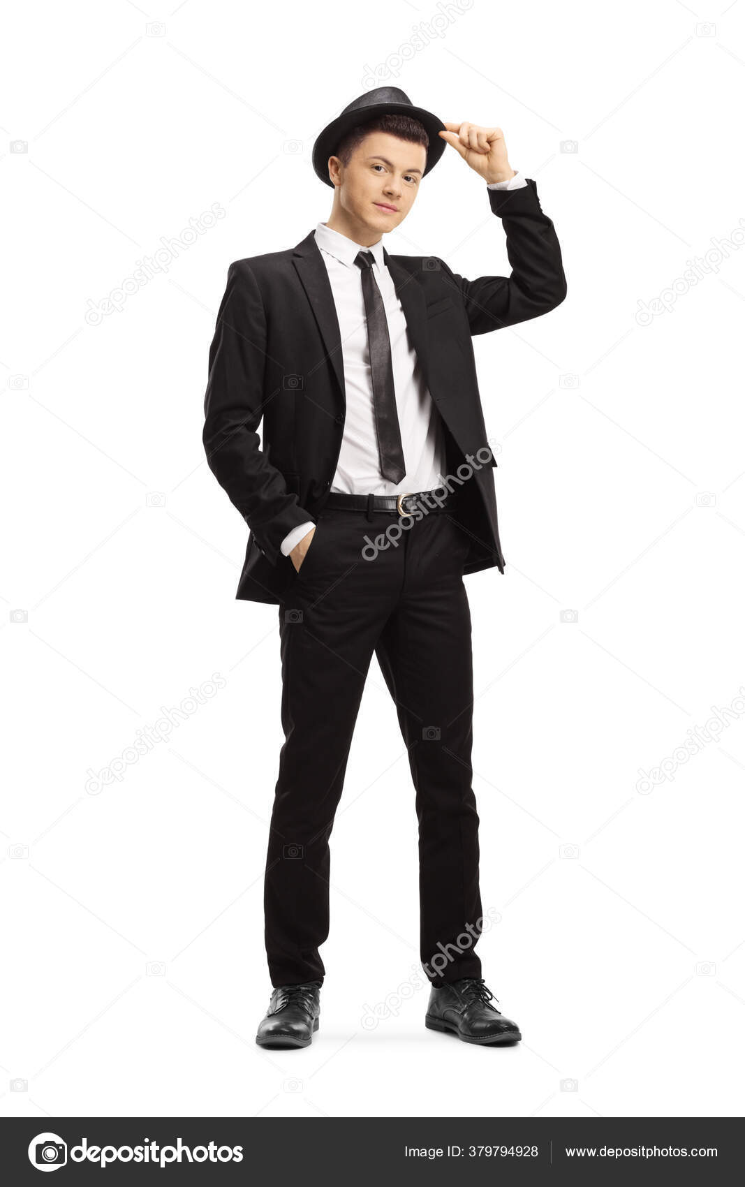 Full Length Portrait Guy Black Suit Holding His Fedora Hat — Stock