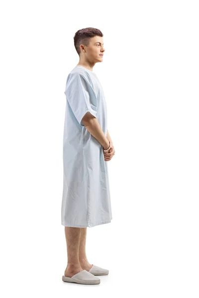 Full Length Profil Záběr Mladého Muže Pacienta Nemocničním Plášti Izolované — Stock fotografie