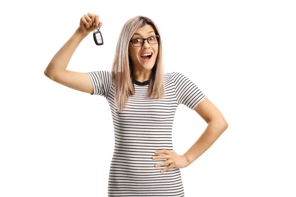 Happy Young Woman Holding Car Key Isolated White Background — Stock Photo, Image