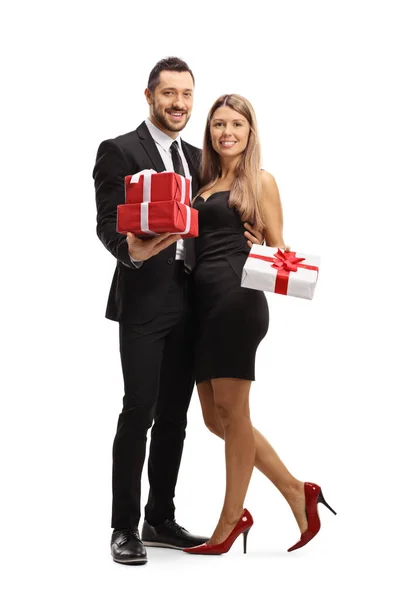 Jonge Elegante Man Vrouw Omhelzing Bedrijf Presenteert Geïsoleerd Witte Achtergrond — Stockfoto