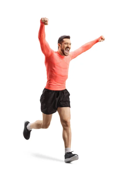 Largura Completa Joven Corriendo Haciendo Gestos Felicidad Aislado Sobre Fondo — Foto de Stock