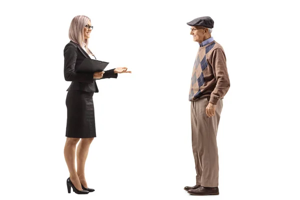 Full Length Profile Shot Businesswoman Standing Talking Elderly Man Isolated — Stock Photo, Image