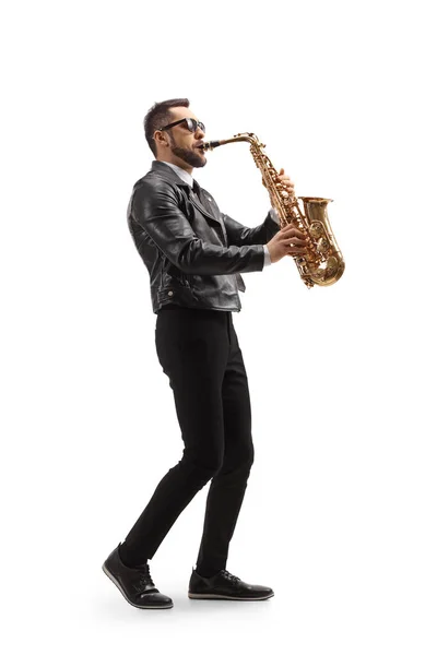 Photo Profil Pleine Longueur Jeune Bel Homme Jouant Saxophone Isolé — Photo