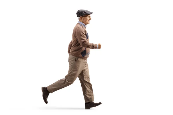 Full Length Profile Shot Elderly Man Casual Clothes Running Isolated — Stock Photo, Image