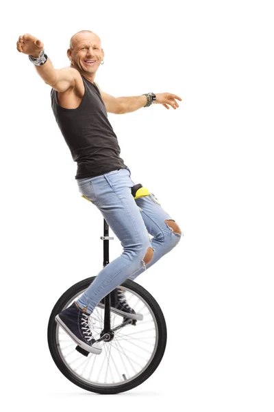 Skallig Man Hipster Ridning Enhjuling Isolerad Vit Bakgrund — Stockfoto