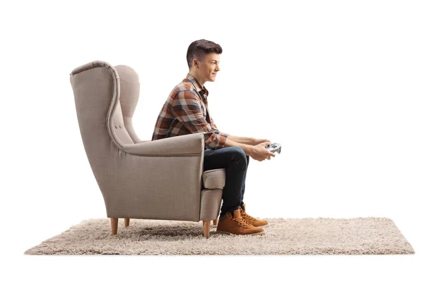 Man Tiener Zitten Een Fauteuil Het Houden Van Een Joystick — Stockfoto