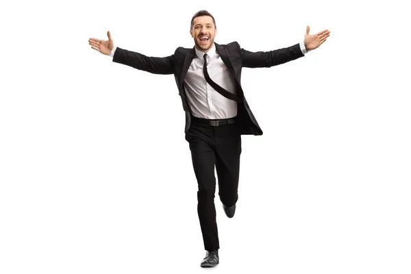 Full Length Portrait Businessman Running Spreading Arms Isolated White Background — Stock Photo, Image