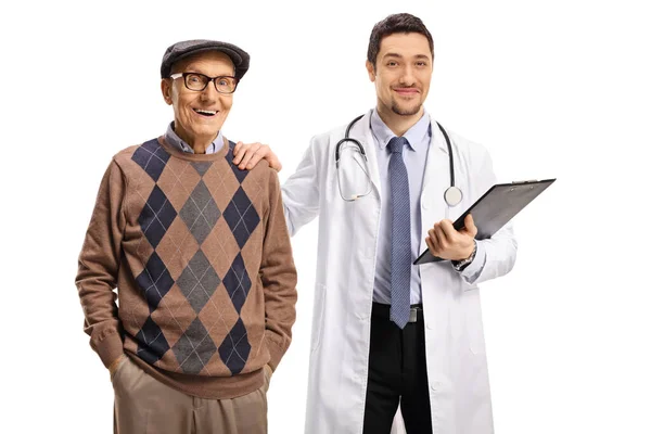 Male Doctor Holding Elderly Male Patient Shoulder Support Isolated White — Stock Photo, Image