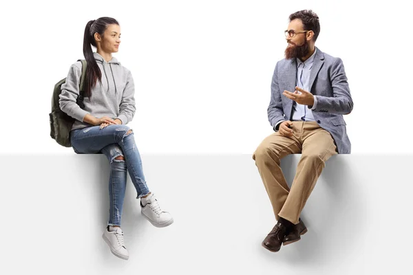Female Student Sitting Panel Talking Bearded Man Isolated White Background — Stock Photo, Image