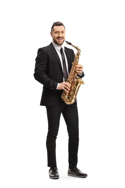 Retrato Comprimento Total Homem Terno Segurando Saxofone Isolado Fundo Branco — Fotografia de Stock