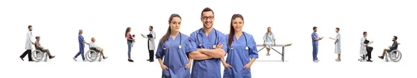 Equipo Médico Joven Con Pacientes Médicos Aislados Sobre Fondo Blanco — Foto de Stock