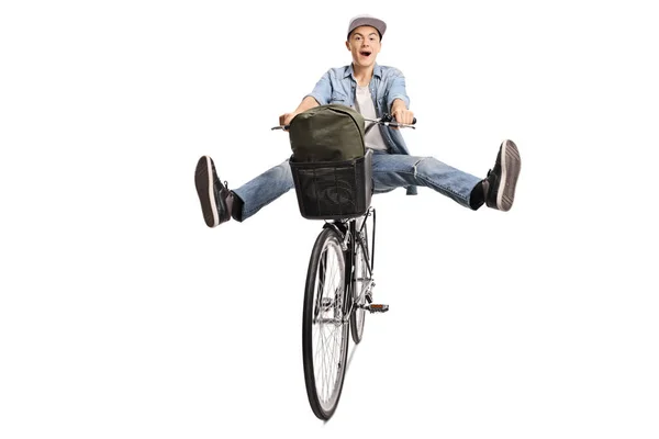 Chico Feliz Montando Bicicleta Piernas Abiertas Aisladas Sobre Fondo Blanco — Foto de Stock