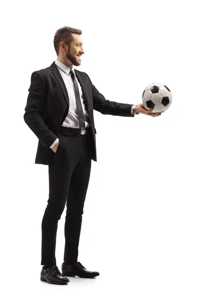 Full Length Shot Young Man Suit Giving Soccer Ball Isolated — Stock Photo, Image