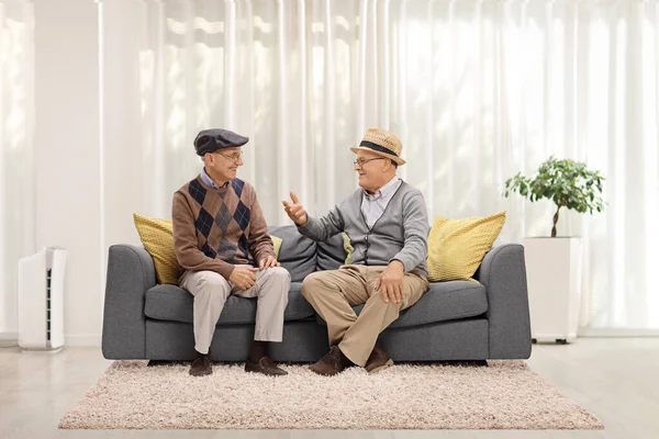 Elderly Male Friends Sitting Sofa Talking Living Room — Stock Photo, Image