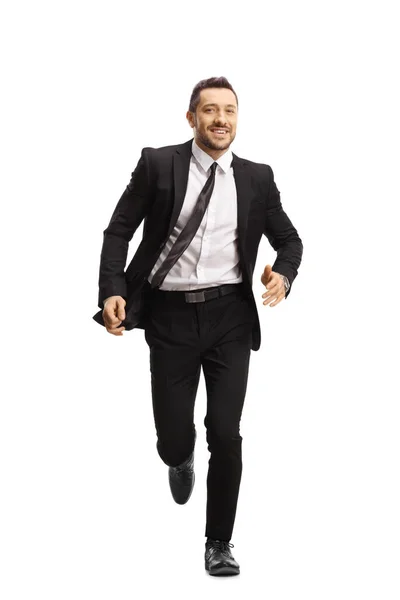 Retrato Comprimento Total Empresário Feliz Correndo Sorrindo Isolado Fundo Branco — Fotografia de Stock