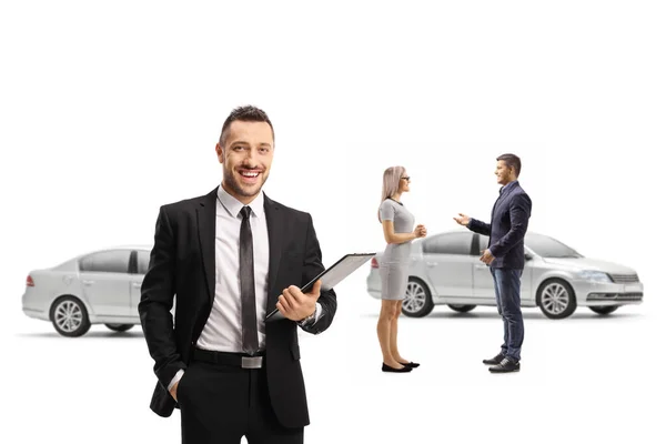 Manager Car Showroom Man Woman Customers Talking Isolated White Background — Stock Photo, Image
