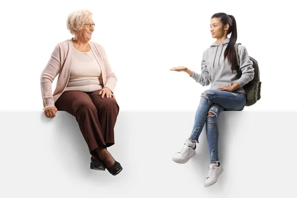 Female Student Panel Talking Elderly Lady Isolated White Background — Stock Photo, Image