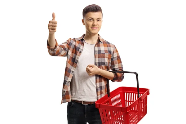 Guy Empty Shopping Basket Showing Thumbs Isolated White Background — Stock Photo, Image