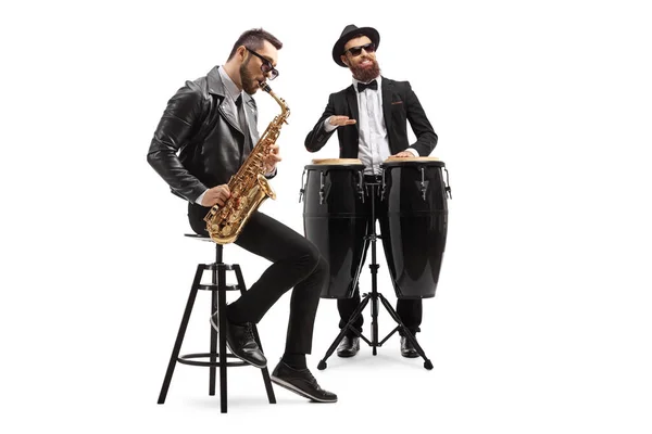 Two Male Musicians Playing Sax Conga Drum Isolated White Background — Stock Photo, Image