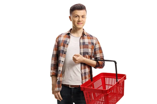 Male Teenage Guy Shopping Basket Isolated White Background — Stock Photo, Image