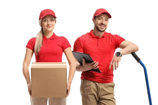 Delivery workers with boxes and a hand truck isolated on white background