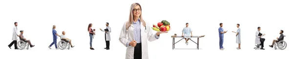 Young Female Doctor Holding Plate Fruits Vegetables Patients Doctors Back — Stock Photo, Image