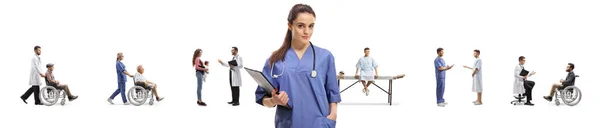 青い制服の女性医療従事者と白地に隔離された病院の患者と医師 — ストック写真