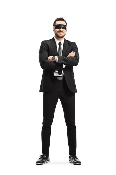 Full Length Portrait Man Black Suit Wearing Blindfold Isolated White — Stock Photo, Image