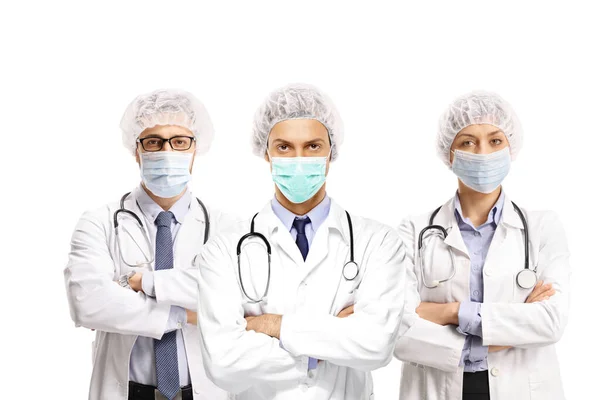 Equipe Médicos Com Máscaras Protetoras Bonés Isolados Fundo Branco — Fotografia de Stock