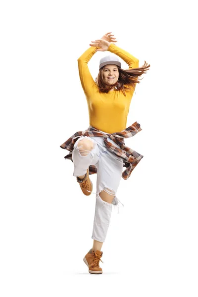 Full Length Portrait Young Woman Dancing Hip Hop Isolated White — Stock Photo, Image