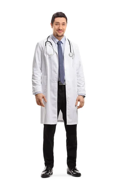 Full Length Portrait Young Male Doctor Isolated White Background — Stock Photo, Image