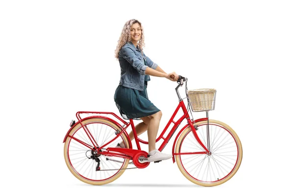 Side Shot Young Woman Dress Riding Red Bicycle Looking Camera — Stock Photo, Image