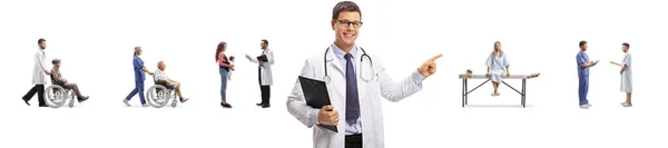 Male Doctor Pointing Patients Doctors Clinic Standing Isolated White Background — Stock Photo, Image