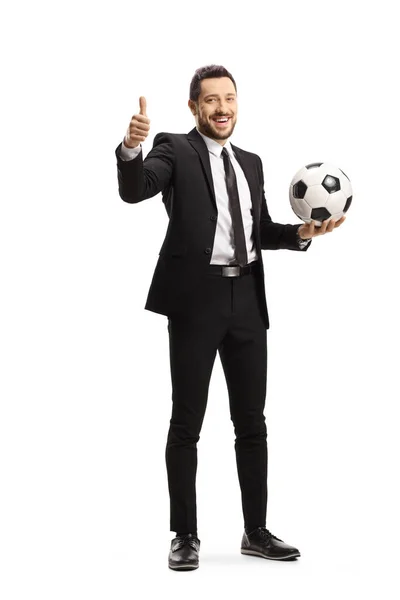 Retrato Completo Hombre Con Traje Negro Sosteniendo Balón Fútbol Mostrando —  Fotos de Stock