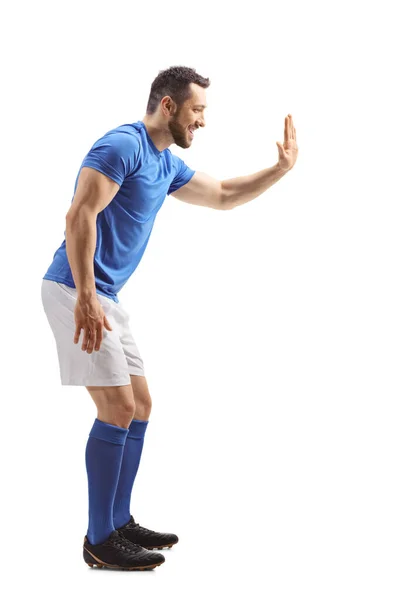 Full Length Profile Shot Footballer Blue Top White Shorts Gesturing — Stock Photo, Image