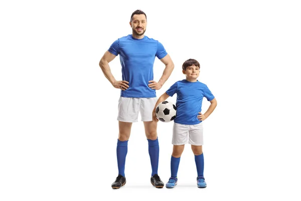 Full Length Portret Van Een Volwassen Voetballer Een Kind Met — Stockfoto