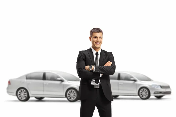 Professional Man Suit Posing Crossed Arms Car Showroom Isolated White — Stock Photo, Image