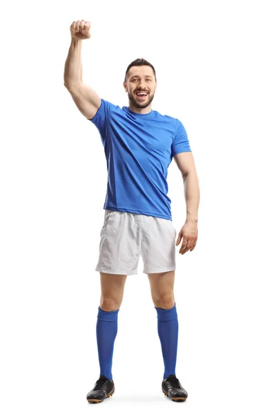 Full Length Portret Van Een Voetballer Een Blauwe Top Witte — Stockfoto