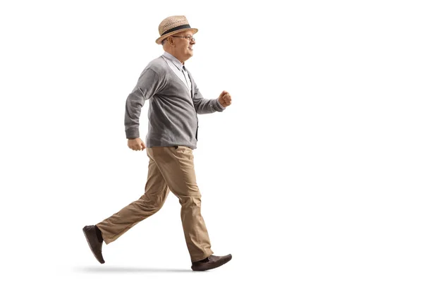 Full Length Profile Shot Elderly Gentleman Running Fast Isolated White — Stock Photo, Image