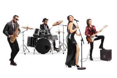 Beyaz arka planda soyutlanmış bir kadın şarkıcının çaldığı müzik grubu.