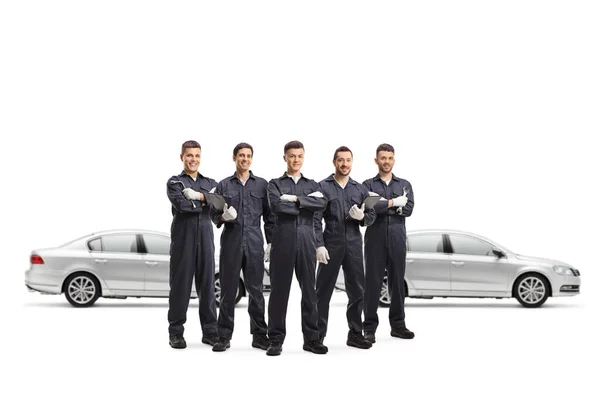 Five Auto Mechanic Workers Uniforms Standing Group Front Silver Cars — Stock Photo, Image