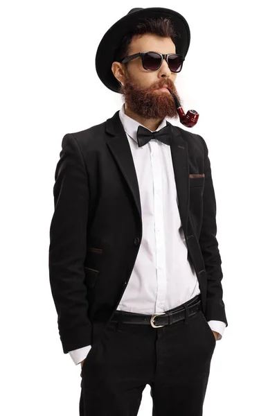 Bearded Man Wearing Black Fedora Hat Smoking Pipe Isolated White — Stock Photo, Image