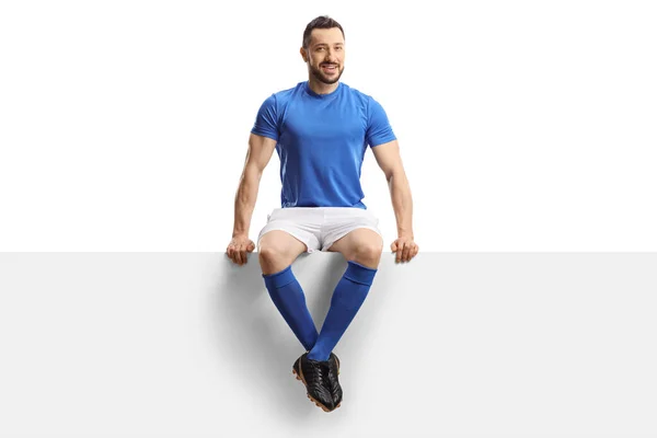 Soccer Player Sitting Blank Panel Isolated White Background — Stock Photo, Image