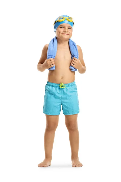 Full Length Portrait Smiling Boy Swimsuit Cap Holding Towel Isolated — Stock Photo, Image